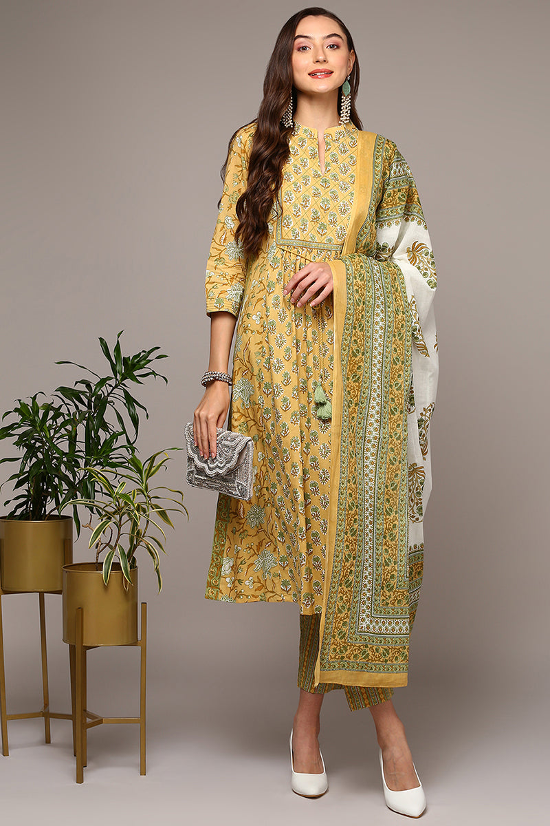 Yellow Pure Cotton Printed Flared Suit Set | SHOBITAM