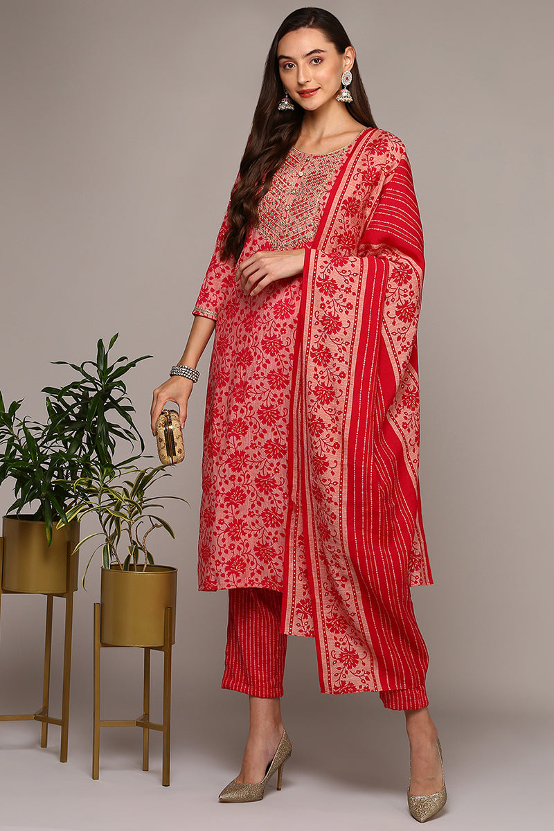 Pink Silk Blend Printed Straight Suit Set | SHOBITAM