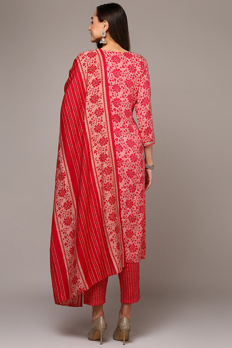 Pink Silk Blend Printed Straight Suit Set | SHOBITAM