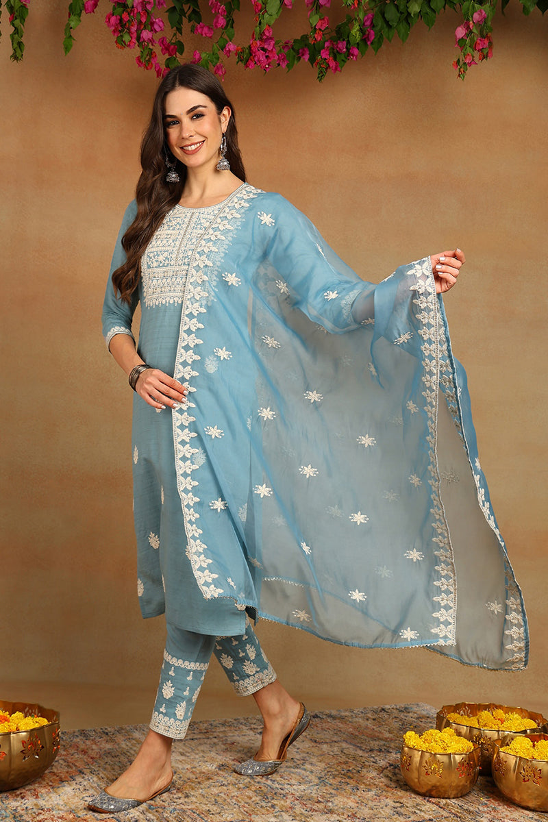 Blue Silk Blend Solid Embroidered Straight Trouser Suit Set | SHOBITAM