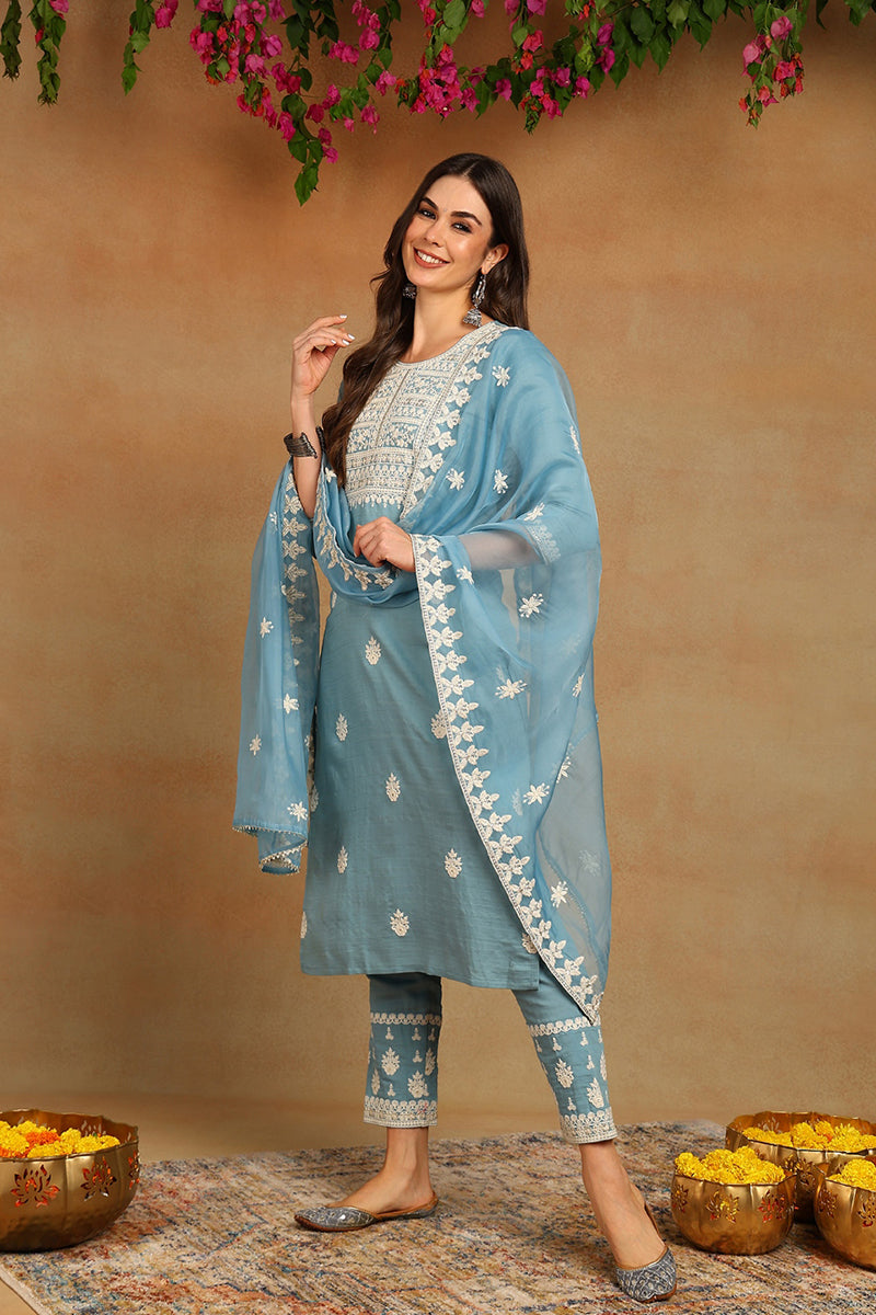 Blue Silk Blend Solid Embroidered Straight Trouser Suit Set | SHOBITAM