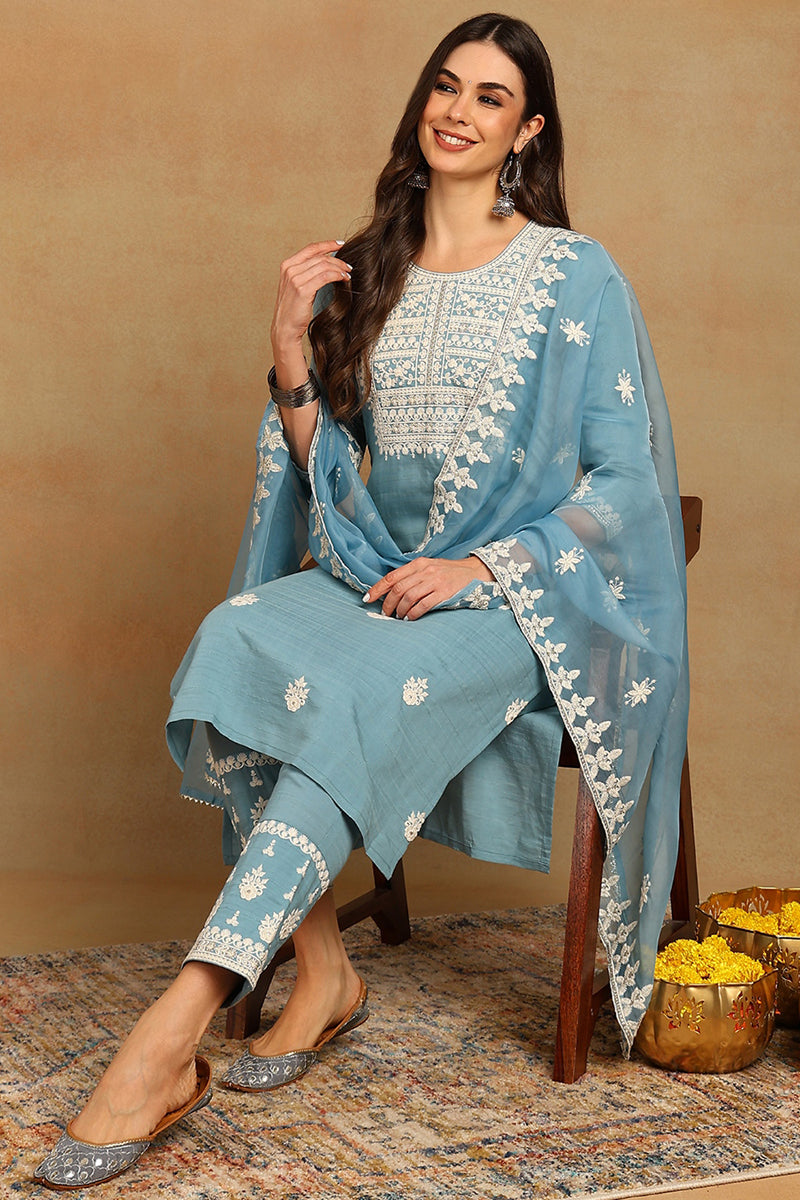 Blue Silk Blend Solid Embroidered Straight Trouser Suit Set | SHOBITAM