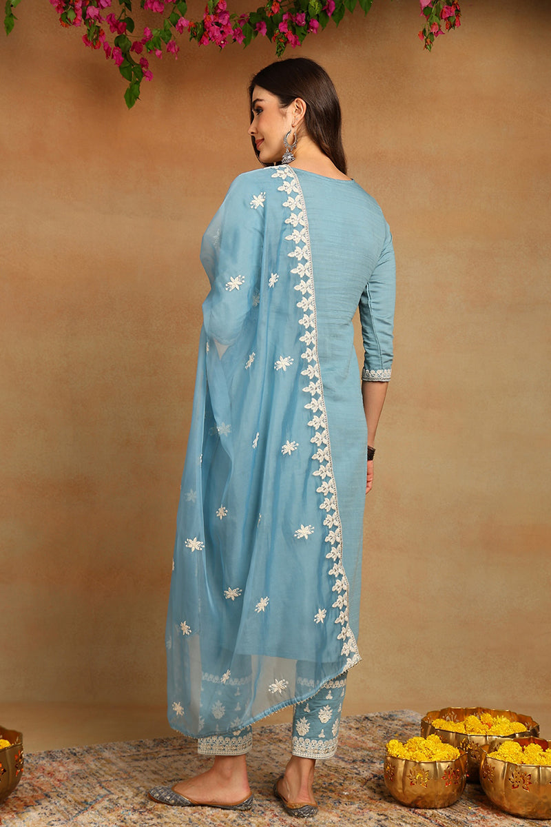 Blue Silk Blend Solid Embroidered Straight Trouser Suit Set | SHOBITAM