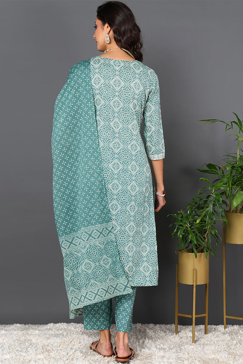 Green Pure Cotton Bandhani Printed Straight Suit Set | SHOBITAM