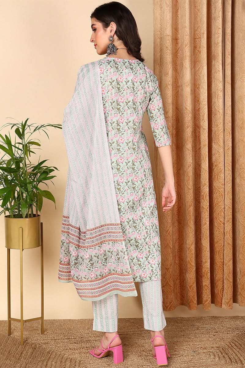 Plus Size Sea Green Pure Cotton Floral Printed Straight Suit Set | SHOBITAM