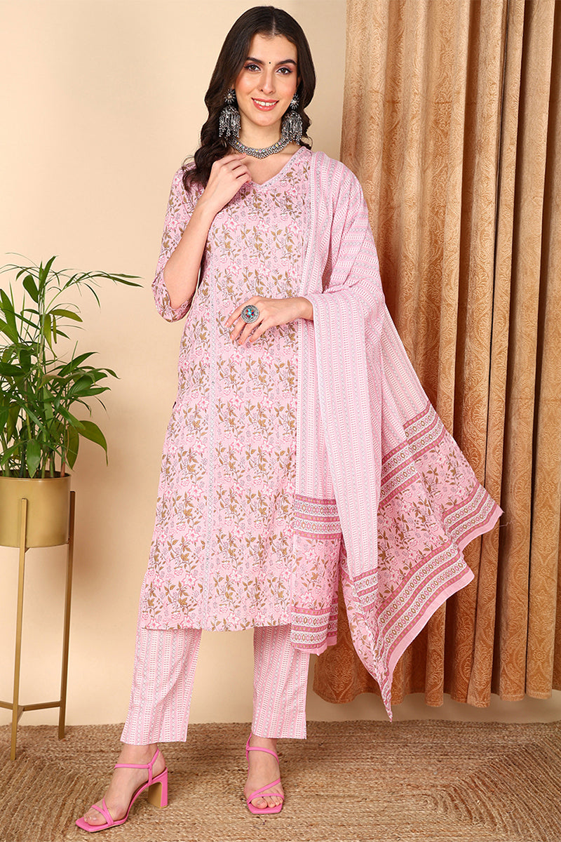 Pink Pure Cotton Floral Printed Straight Suit Set | SHOBITAM