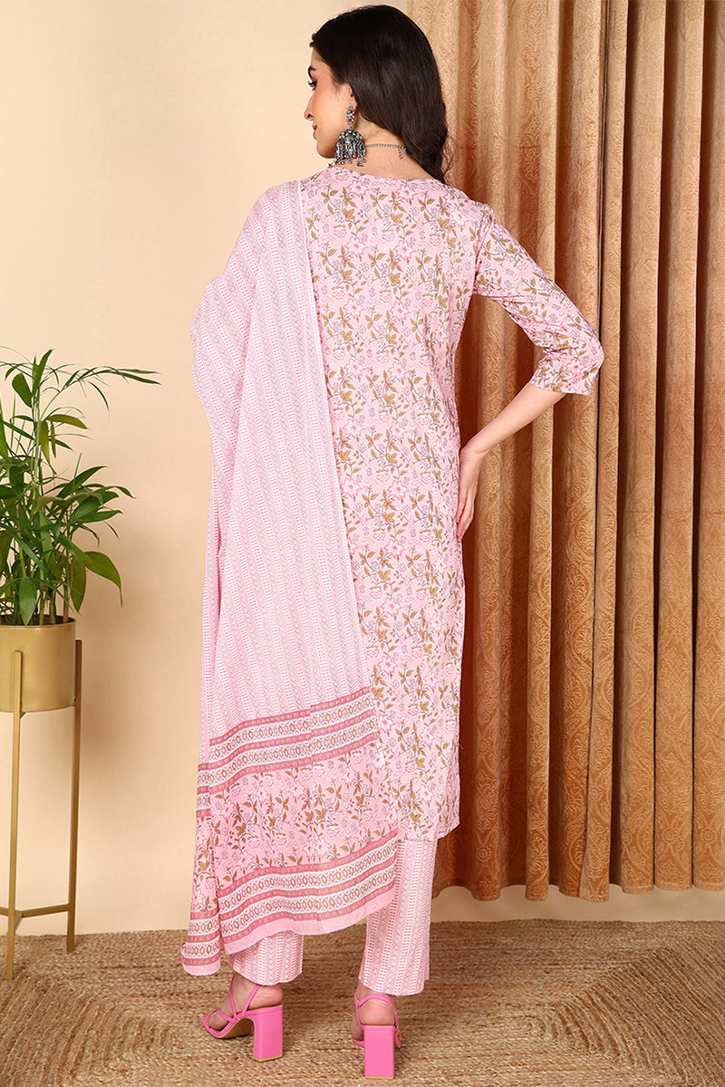 Pink Pure Cotton Floral Printed Straight Suit Set | SHOBITAM