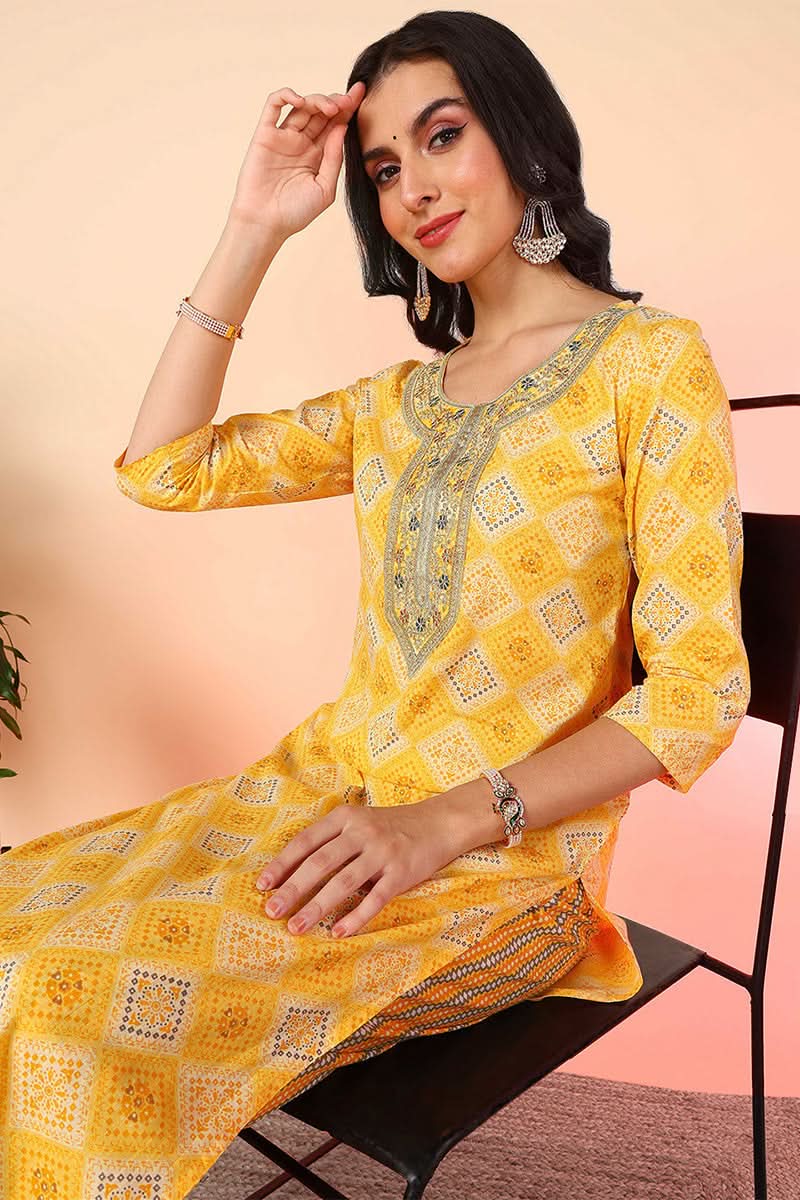 Yellow Pure Cotton Geometric Printed Yoke Design Suit Set | SHOBITAM