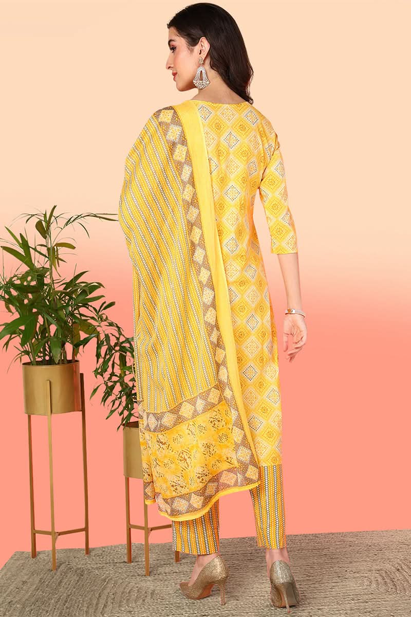 Yellow Pure Cotton Geometric Printed Yoke Design Suit Set | SHOBITAM