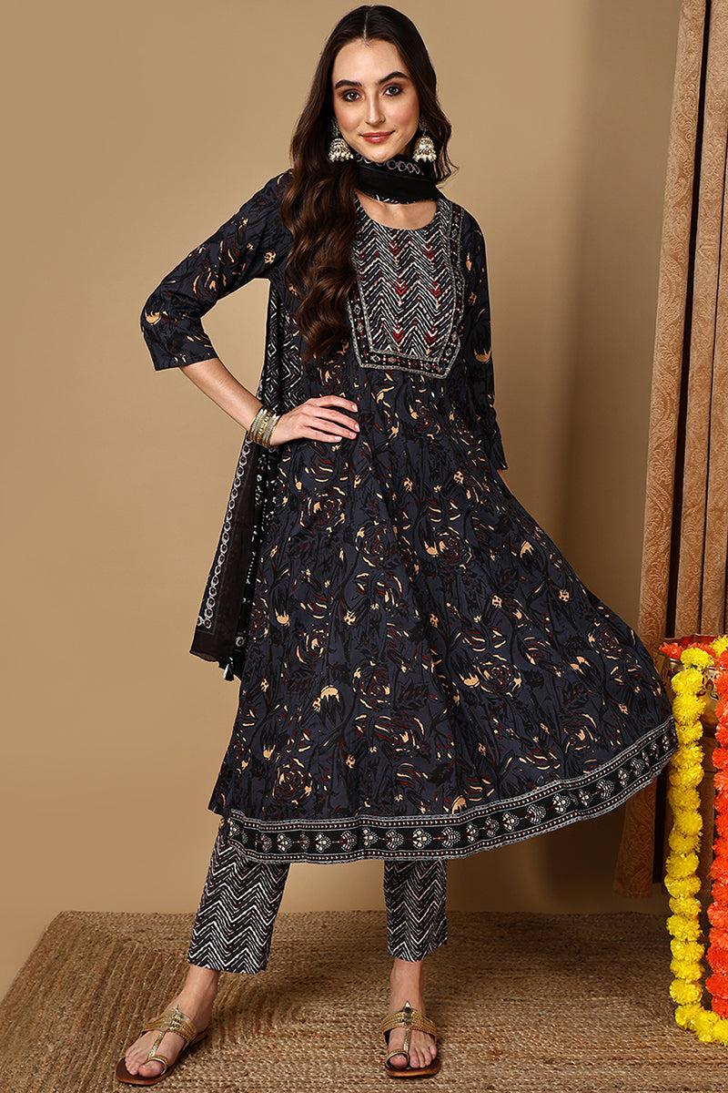 Charcoal Black Pure Cotton Floral Printed Yoke Design Suit Set | SHOBITAM