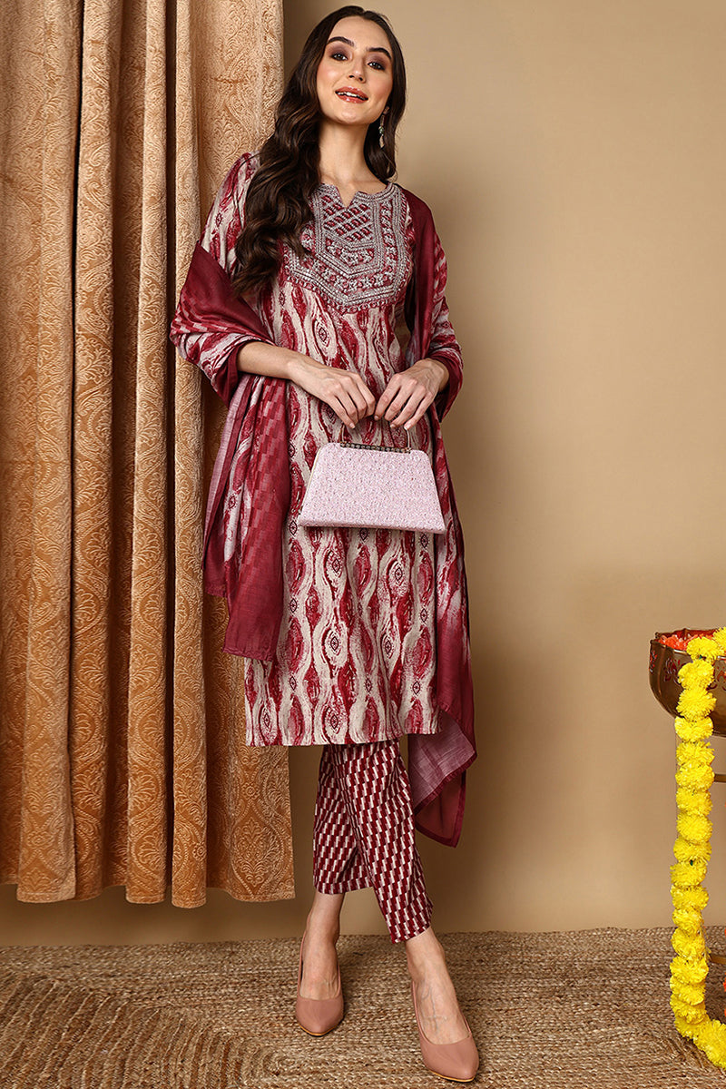 Maroon Silk Blend Printed Ethnic Motifs Yoke Design Suit Set | SHOBITAM