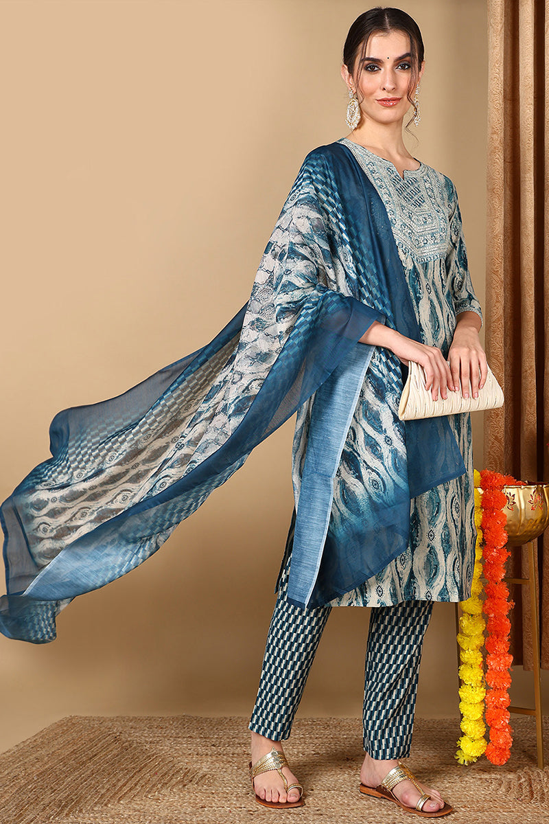 Blue Silk Blend Ethnic Motifs Printed Yoke Design Suit Set | SHOBITAM