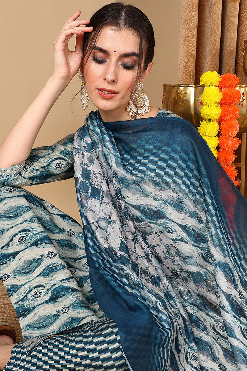 Blue Silk Blend Ethnic Motifs Printed Yoke Design Suit Set | SHOBITAM