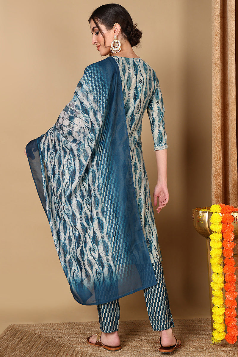 Blue Silk Blend Ethnic Motifs Printed Yoke Design Suit Set | SHOBITAM