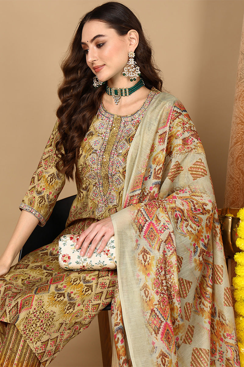 Mustard Yellow Cotton Geometric Printed Straight Suit Set | SHOBITAM