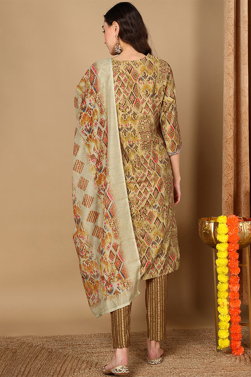 Mustard Yellow Cotton Geometric Printed Straight Suit Set | SHOBITAM
