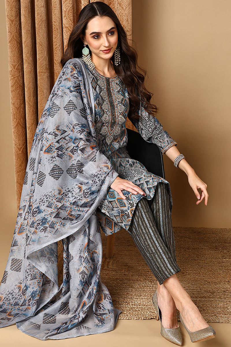 Grey Pure Cotton Ethnic Motifs Printed Straight Suit Set | SHOBITAM