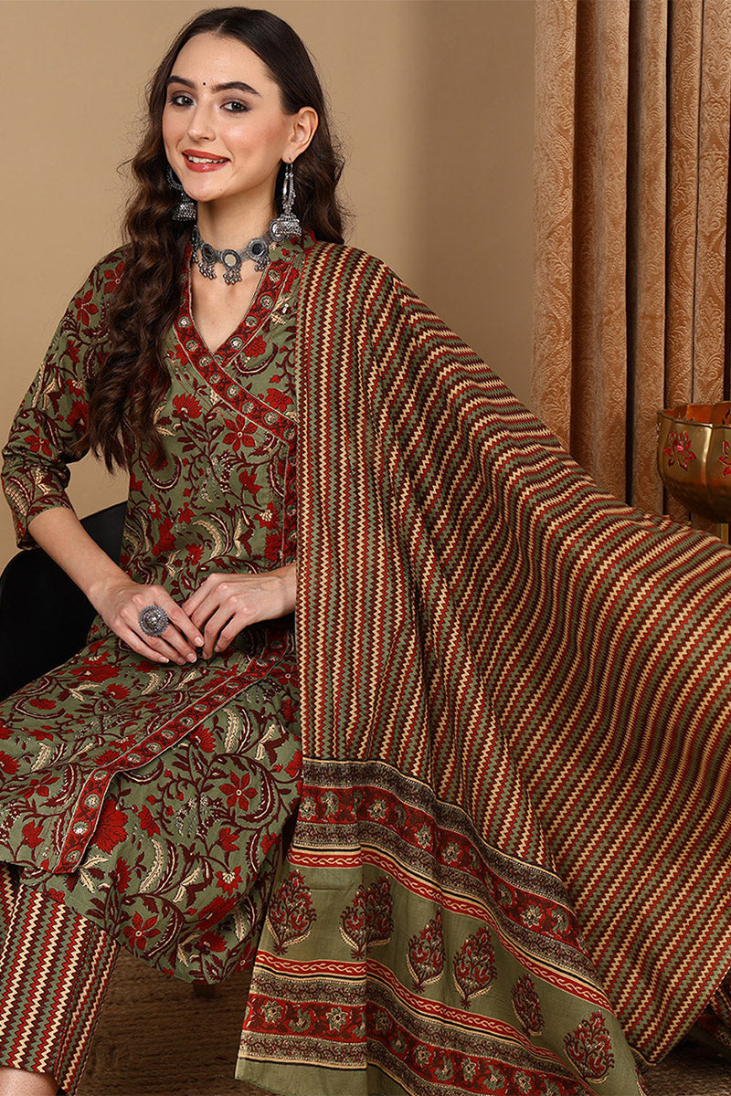 Green Pure Cotton Floral Printed Angarkha Suit Set | SHOBITAM