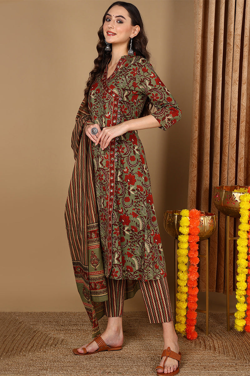 Green Pure Cotton Floral Printed Angarkha Suit Set | SHOBITAM