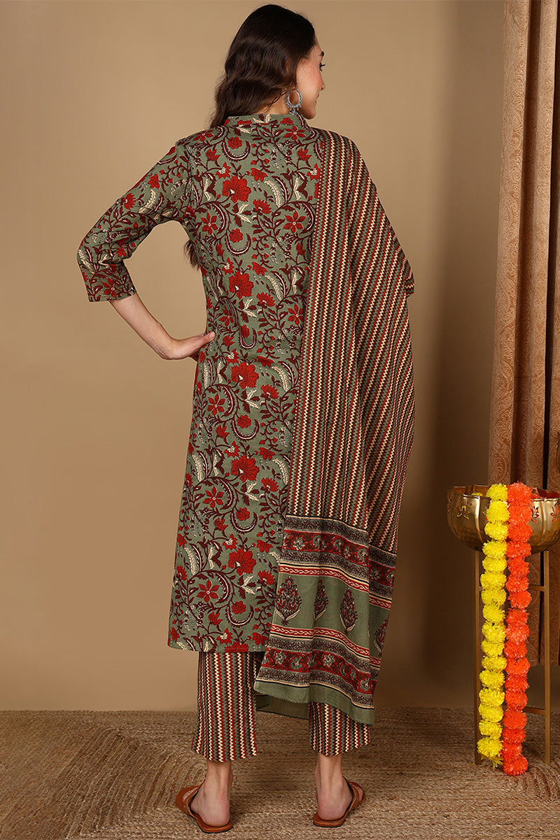 Green Pure Cotton Floral Printed Angarkha Suit Set | SHOBITAM