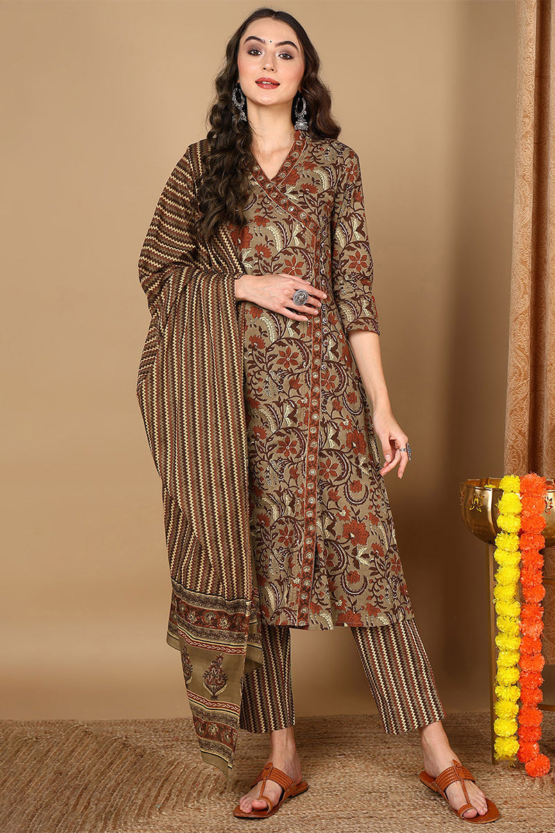 Taupe Pure Cotton Floral Printed Angharkha Suit Set | SHOBITAM