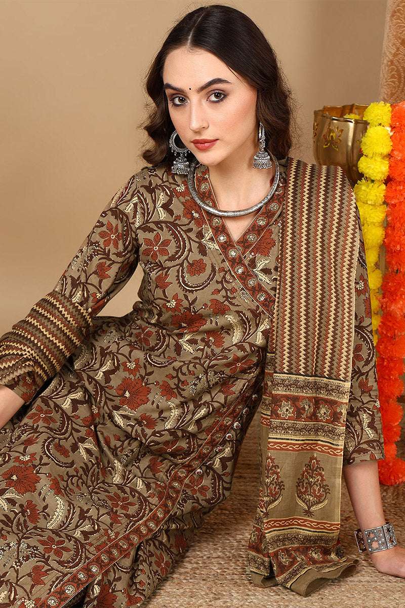 Taupe Pure Cotton Floral Printed Angharkha Suit Set | SHOBITAM