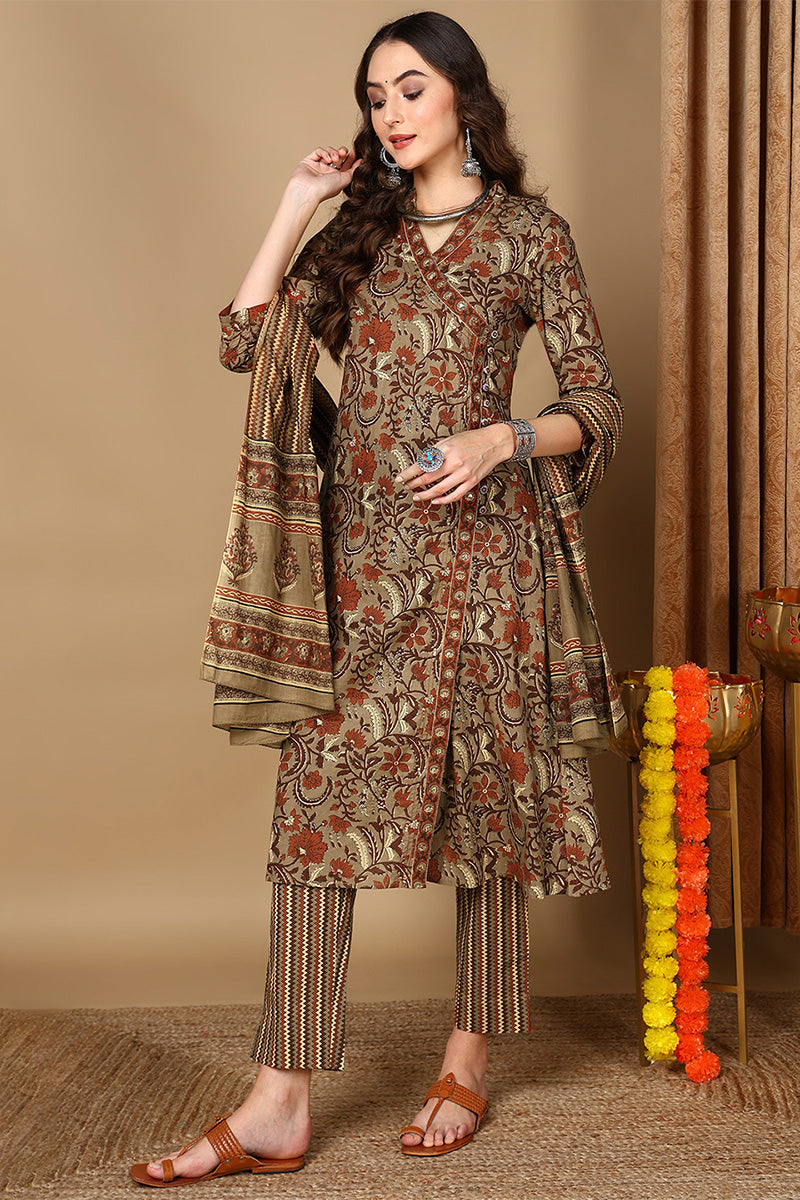 Taupe Pure Cotton Floral Printed Angharkha Suit Set | SHOBITAM