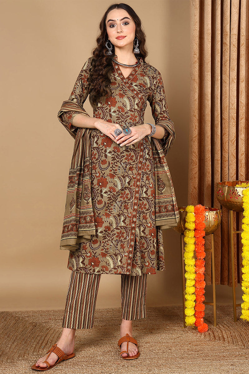 Taupe Pure Cotton Floral Printed Angharkha Suit Set | SHOBITAM