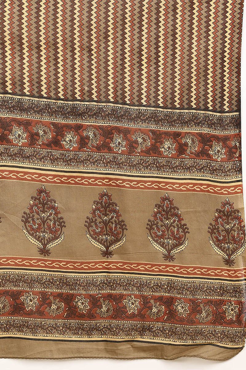 Taupe Pure Cotton Floral Printed Angharkha Suit Set | SHOBITAM