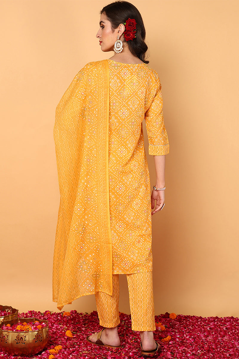 Yellow Poly Cotton Bandhani Printed Straight Suit Set | SHOBITAM