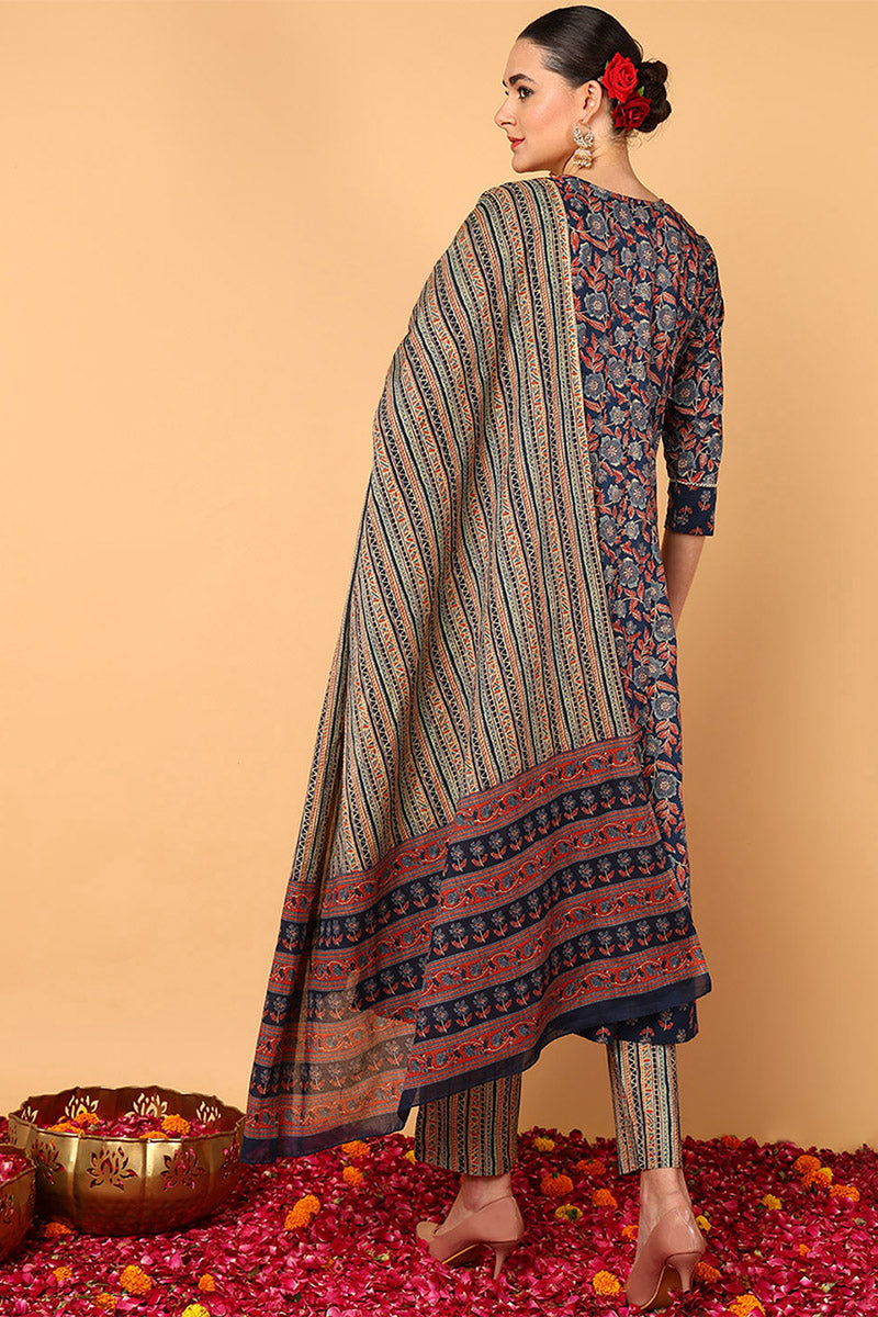 Blue Pure Cotton Floral Printed Flared Style Suit Set | SHOBITAM