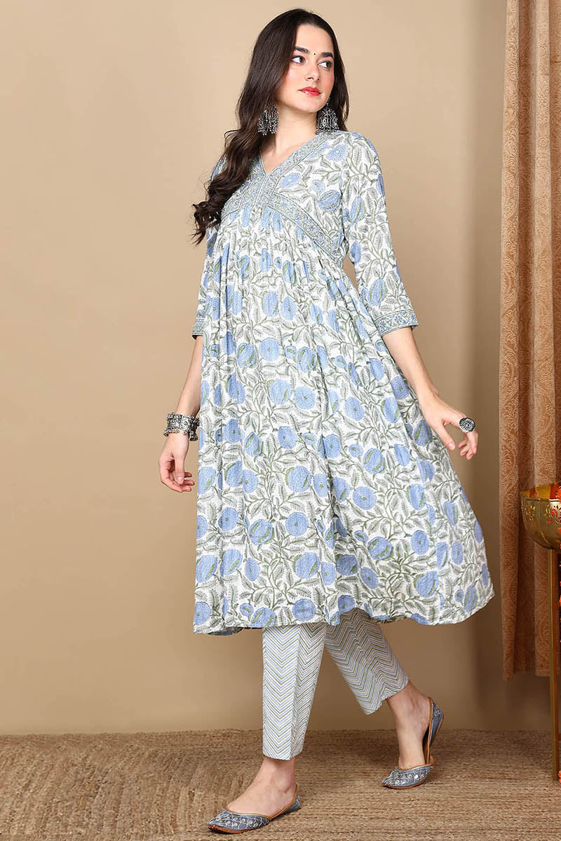 White Rayon Blend Floral Printed Flared Suit Set | SHOBITAM