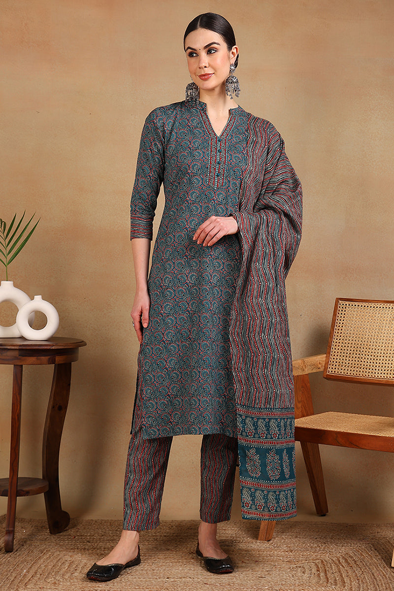 Teal Blue Rayon Blend Ethnic Motifs Printed Straight Suit Set | SHOBITAM