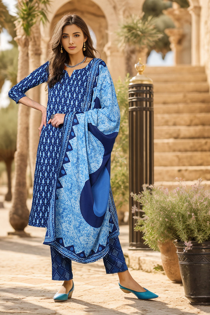 Blue Rayon Blend Ethnic Motifs Printed Straight Suit Set | SHOBITAM