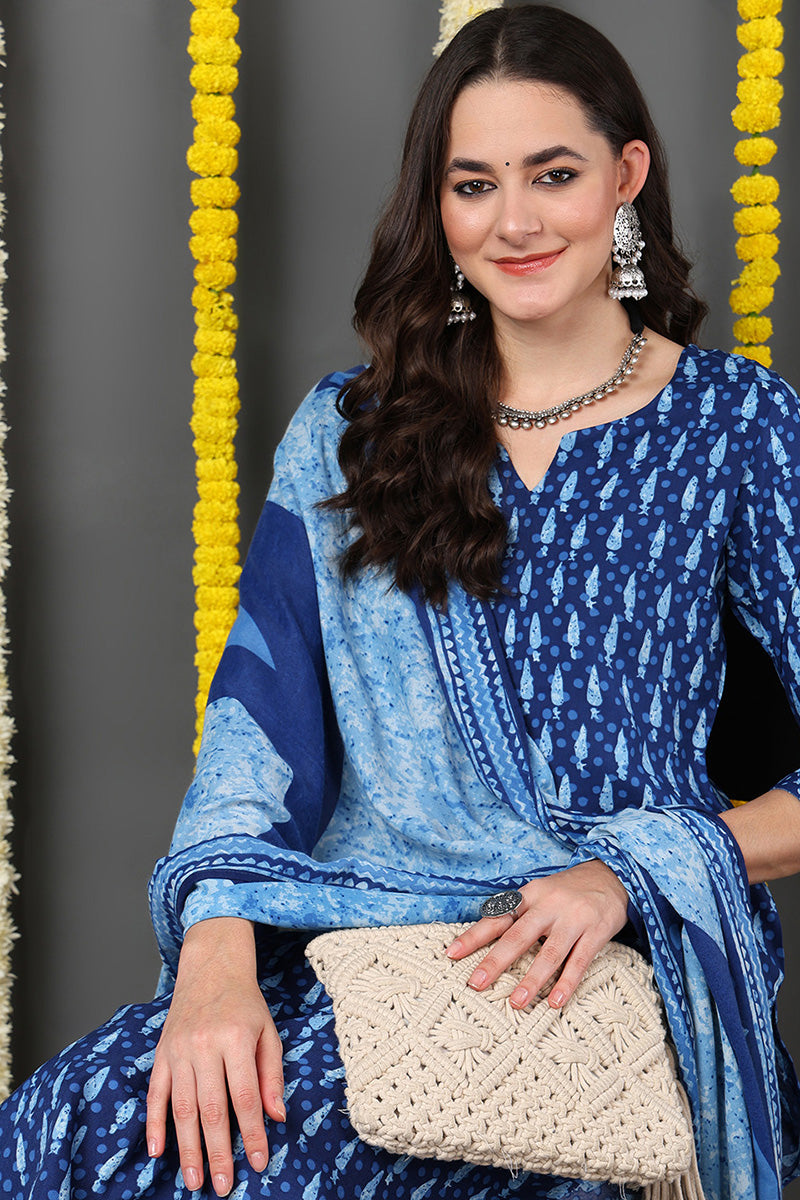 Blue Rayon Blend Ethnic Motifs Printed Straight Suit Set | SHOBITAM