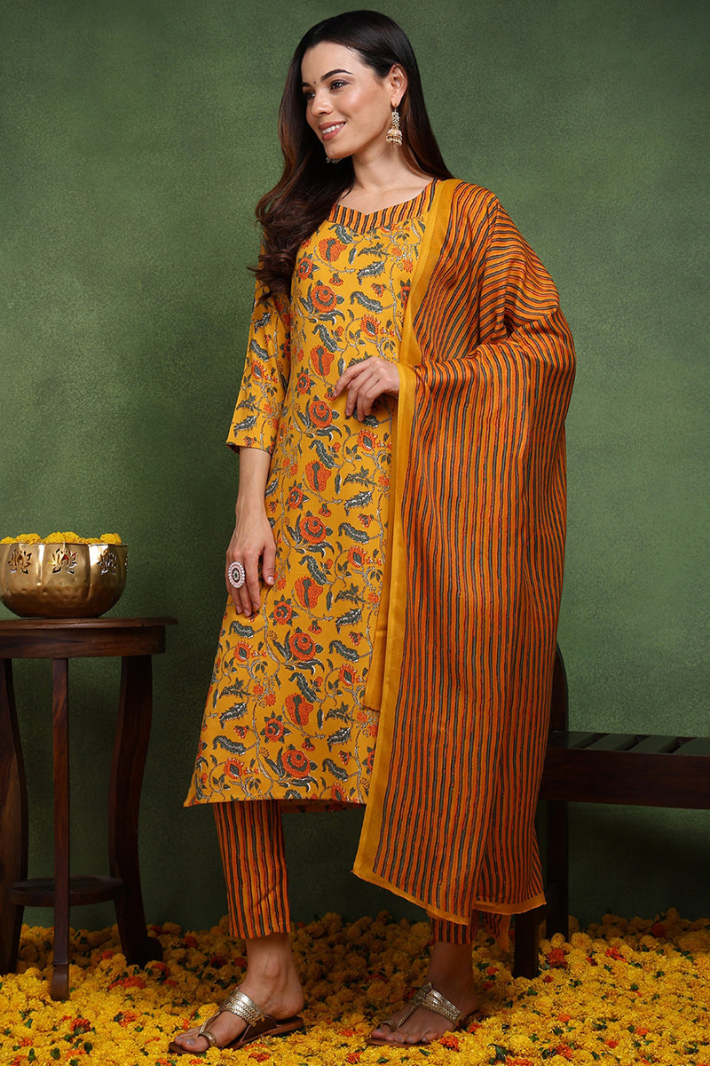 Yellow Rayon Blend Floral Printed Straight Suit Set | SHOBITAM