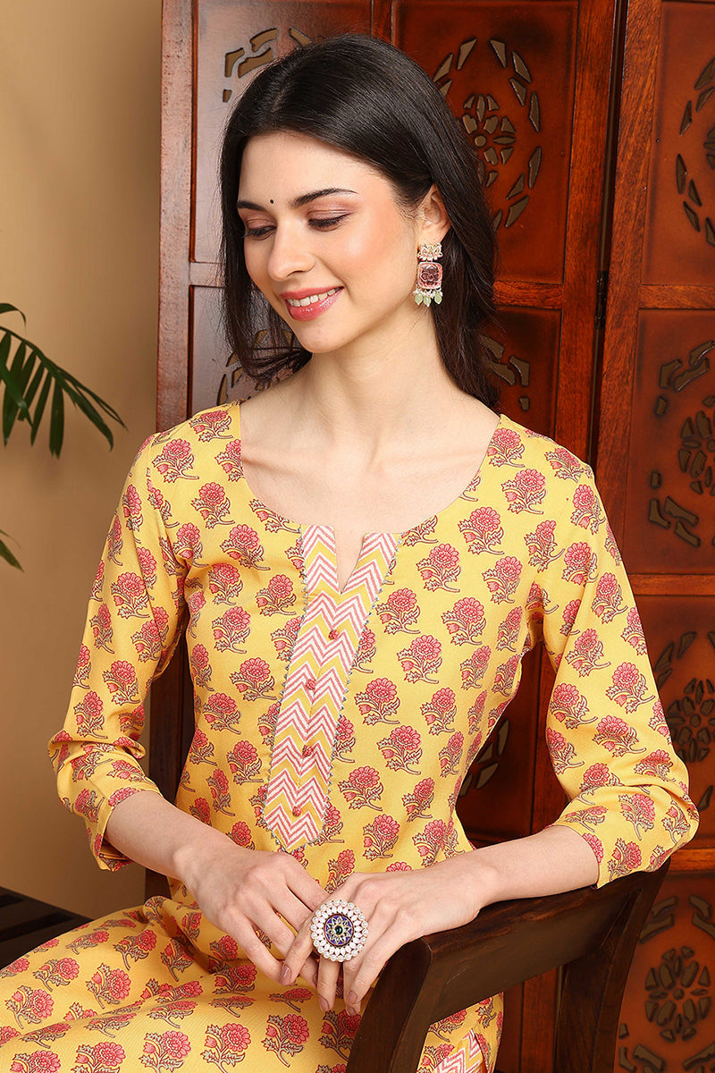 Yellow Rayon Blend Floral Printed Straight Suit Set | SHOBITAM