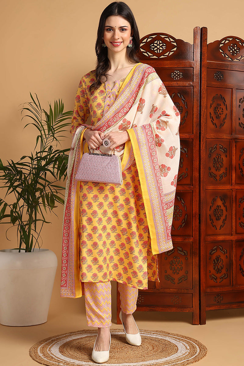 Yellow Rayon Blend Floral Printed Straight Suit Set | SHOBITAM