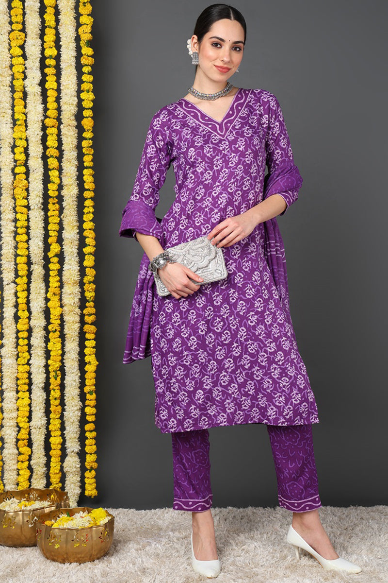 Violet Rayon Blend Ethnic Motifs Printed Straight Suit Set | SHOBITAM