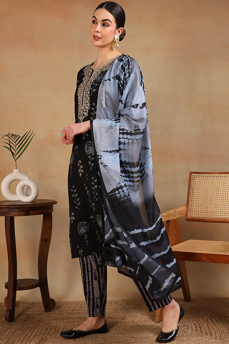 Black Rayon Floral Printed Yoke Design Straight Suit Set | SHOBITAM