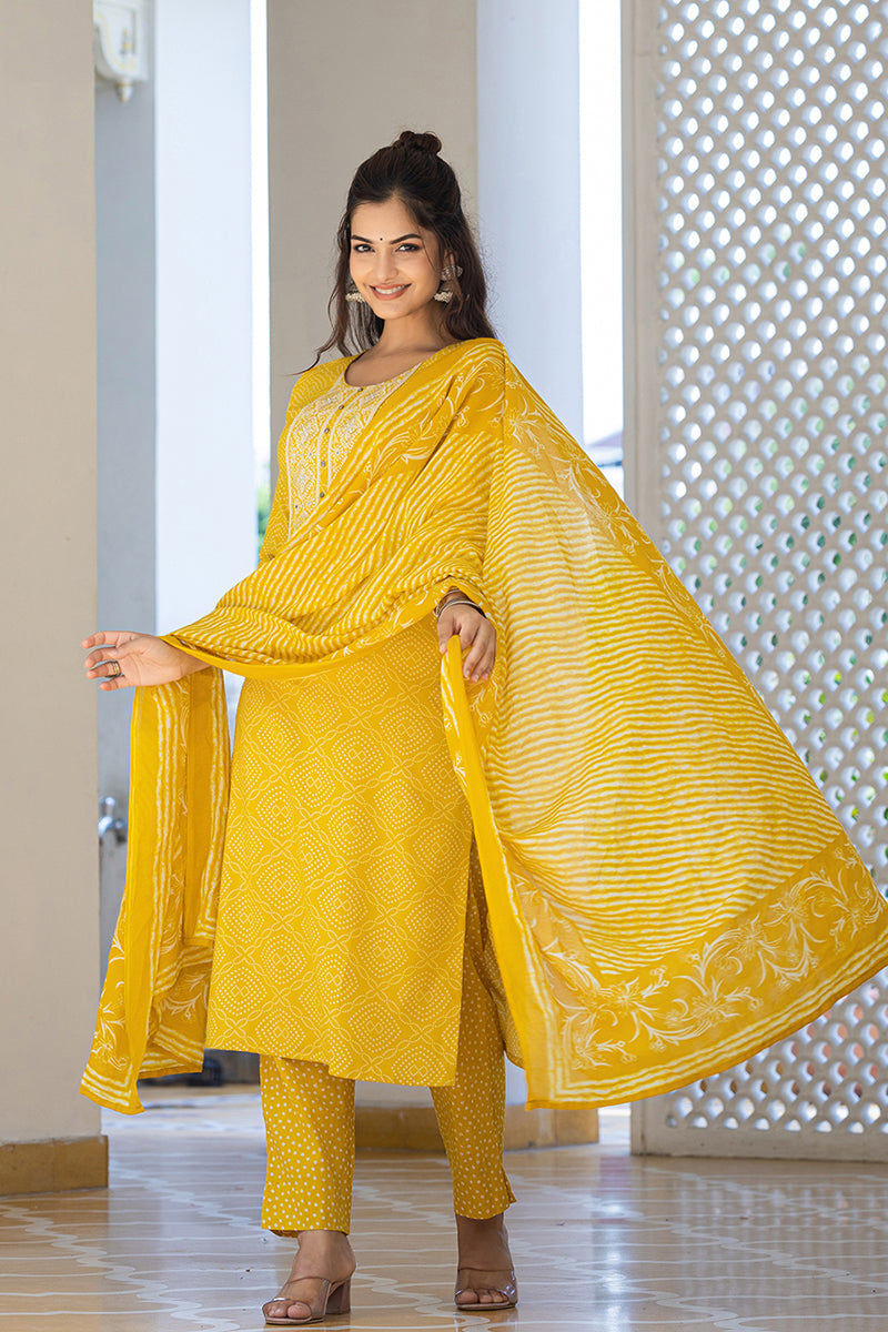 Yellow Viscose Rayon Bandhani Embroidered Straight Suit Set | SHOBITAM