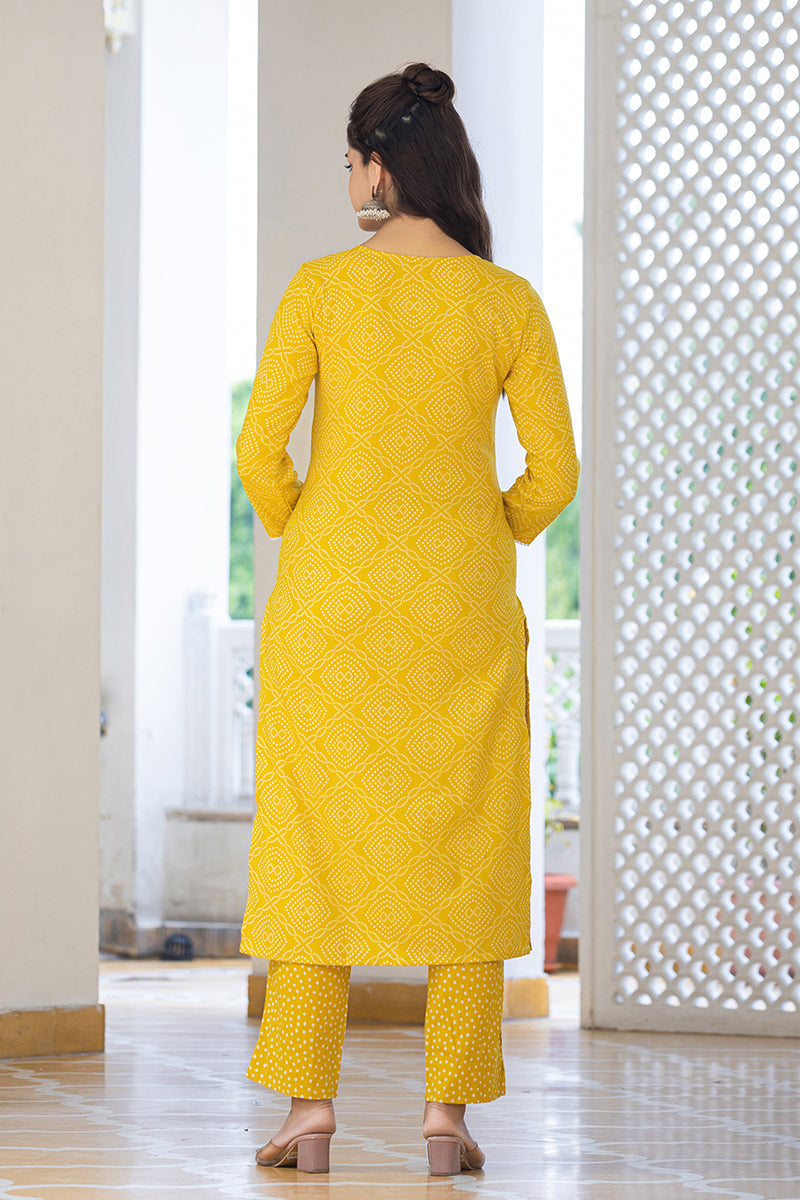Yellow Viscose Rayon Bandhani Embroidered Straight Suit Set | SHOBITAM