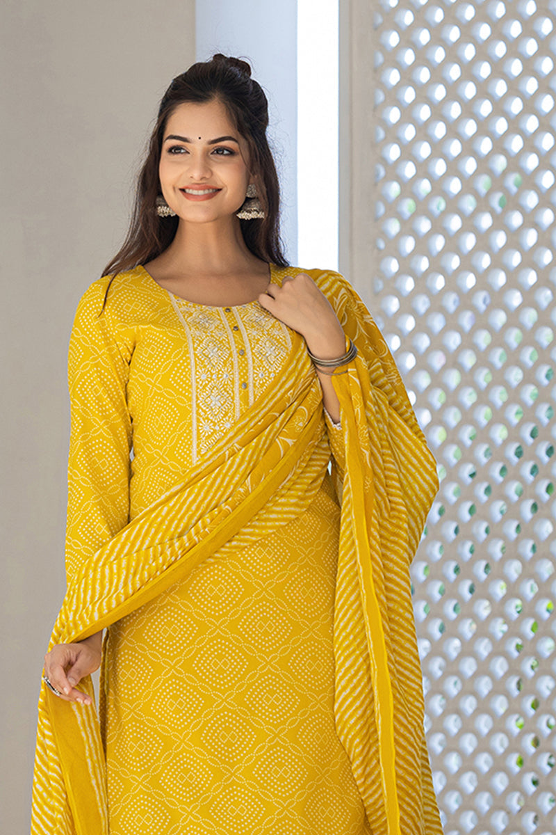 Yellow Viscose Rayon Bandhani Embroidered Straight Suit Set | SHOBITAM