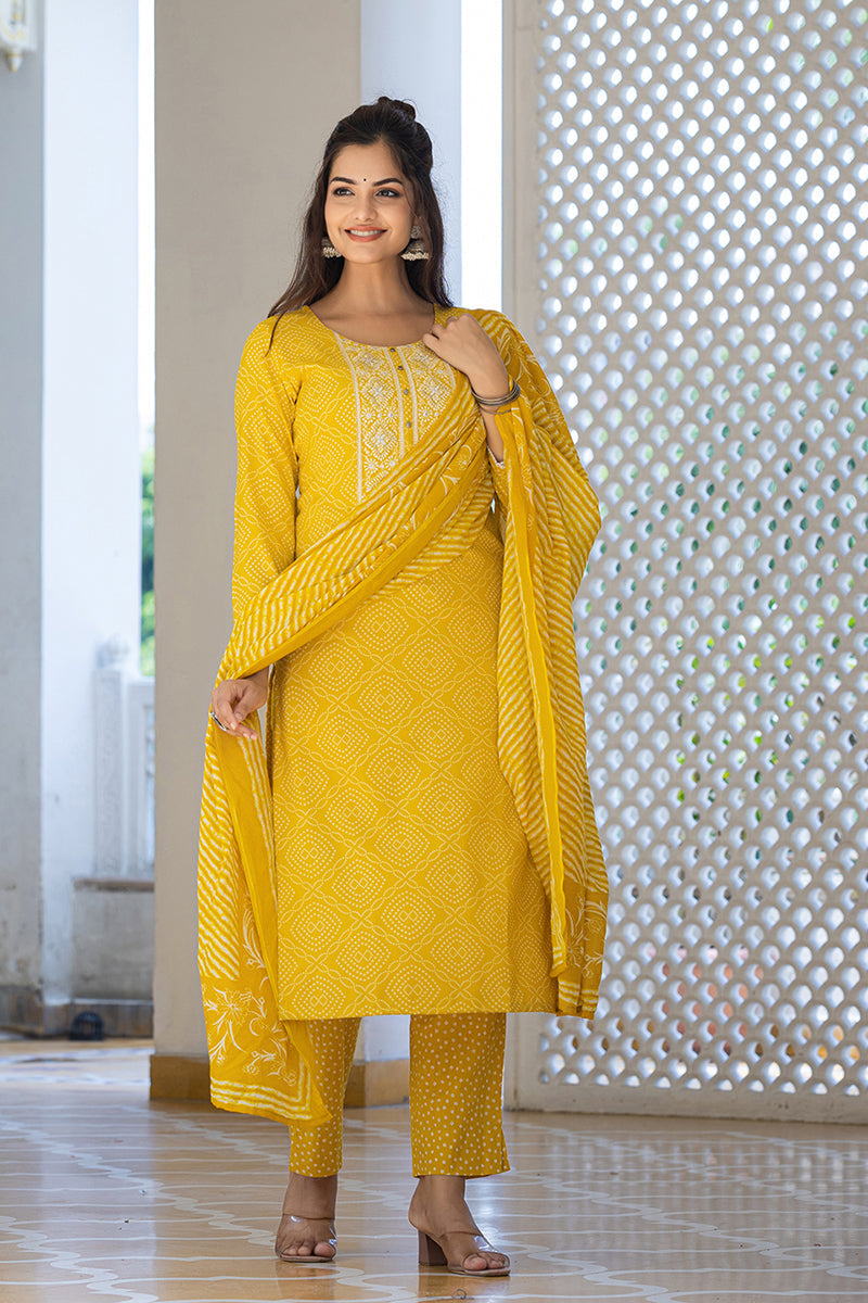 Yellow Viscose Rayon Bandhani Embroidered Straight Suit Set | SHOBITAM