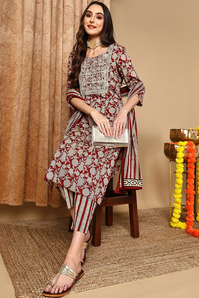 Maroon Rayon Blend Embroidered Floral Printed Straight Suit Set | SHOBITAM