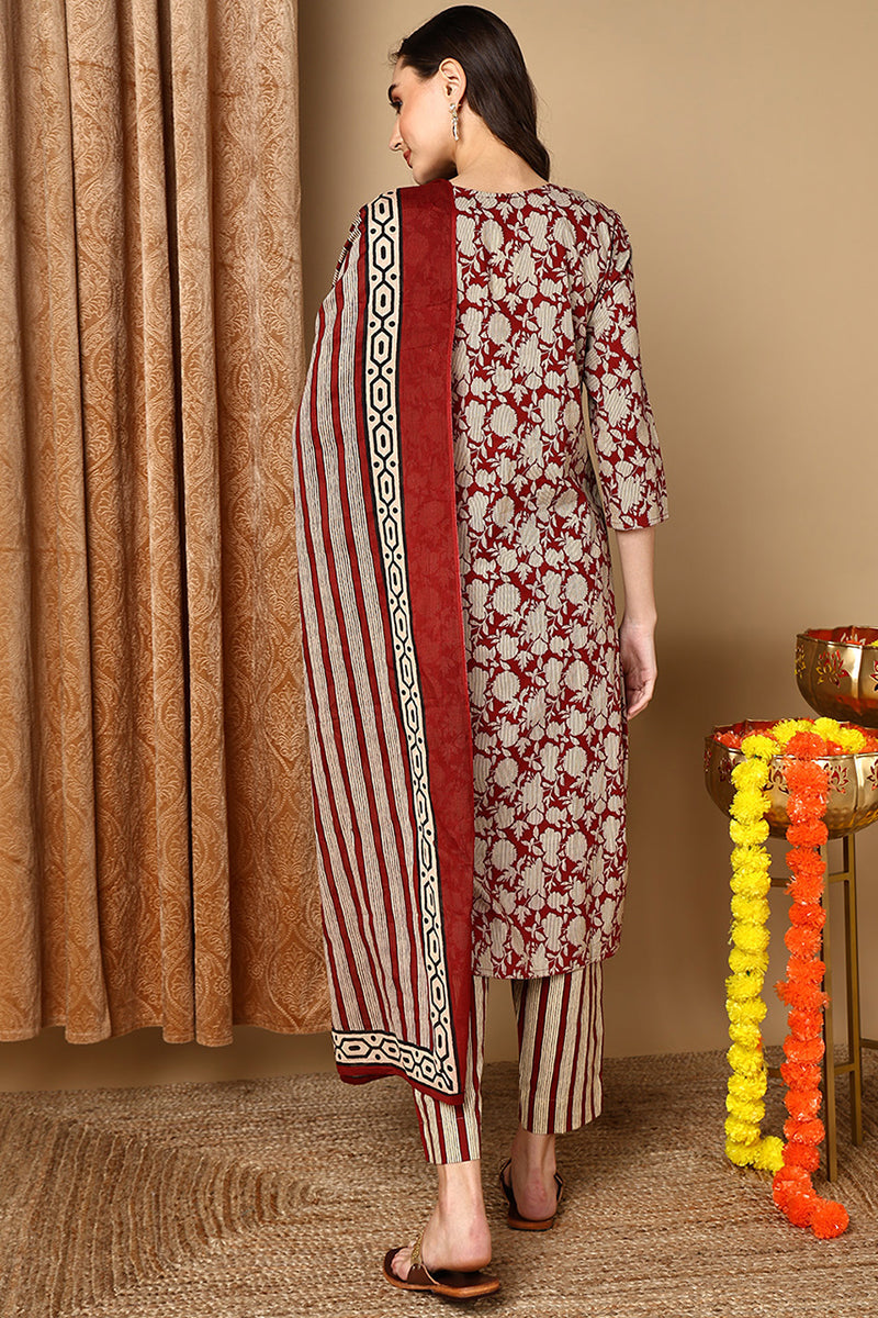 Maroon Rayon Blend Embroidered Floral Printed Straight Suit Set | SHOBITAM