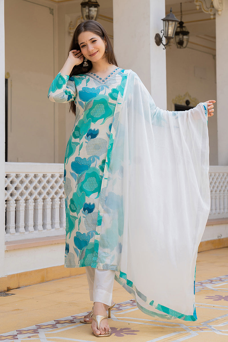 White Cotton Blend Floral Printed Straight Suit Set | SHOBITAM