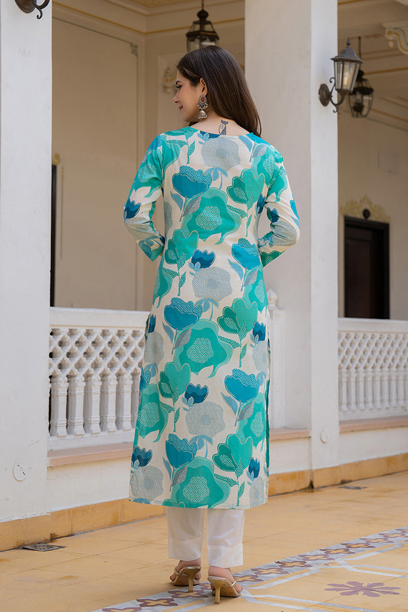 White Cotton Blend Floral Printed Straight Suit Set | SHOBITAM