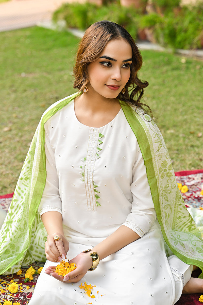 Green Rayon Blend Solid Embroidered Straight Suit Set | SHOBITAM