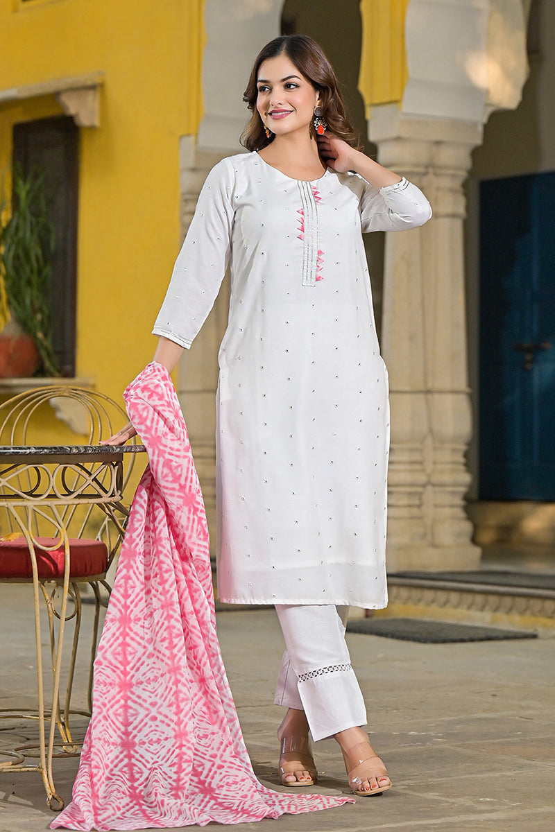 Pink Rayon Blend Solid Embroidered Straight Suit Set | SHOBITAM